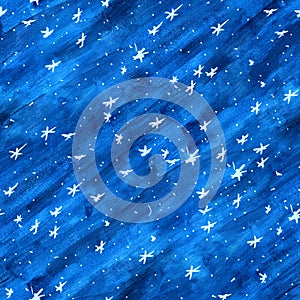 Midnight Blue Hand Painted Watercolor Painting Stars Background Seamless Tile with Visible Brush Strokes and Paper Texture