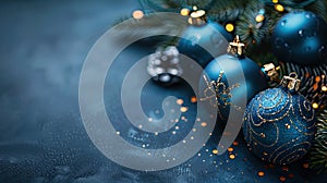 Midnight Blues: A Festive Greeting Card with Dark Blue Christmas Decoration Balls on a Dark Background and Copy Space for Text,