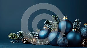 Midnight Blues: A Festive Greeting Card with Dark Blue Christmas Decoration Balls on a Dark Background and Copy Space for Text,