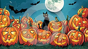 Midnight Cat Amidst Jack-O'-Lanterns Under Full Moon