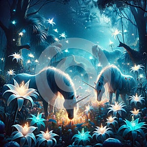 Midnight Enchantment: Unicorns Amidst Glowing Forest Flora