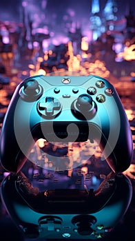 Midnight gaming blue themed video game, close up of joystick, immersing in virtual world