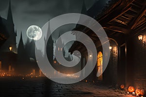 Midnight Halloween fest: spooky houses, lit pumpkins, and nighttime magic