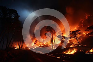 Midnight inferno Wildfire rages in the mountains under the stars photo