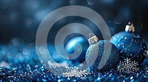 Midnight Magic: Dark Blue Christmas Balls on Background, Perfect for Greeting Cards with Copy Space for Messages of Merry