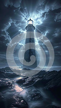 Midnight mystery Haunted lighthouse bathed in mystical light beams