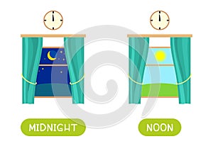 MIDNIGHT and NOON antonyms word card vector template photo