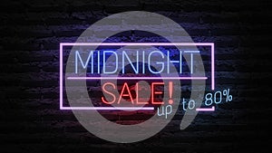 MIDNIGHT SALE neon light on wall. Sale banner blinking neon sign style for promo video. concept of sale and clearance