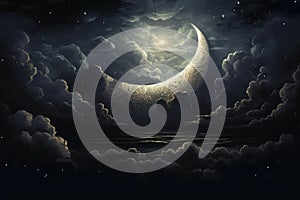 Midnight Serenity: Crescent Moon Amongst Clouds in the Night Sky (AI Generated)