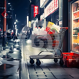 Midnight Shopping Spree: Purchased Items with Trolley on the Street