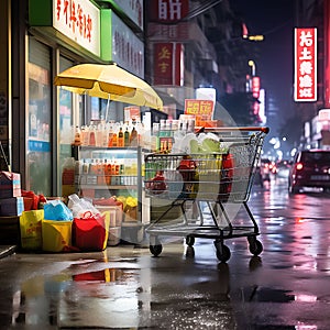 Midnight Shopping Spree: Purchased Items with Trolley on the Street