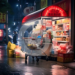 Midnight Shopping Spree: Purchased Items with Trolley on the Street