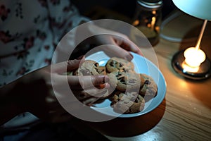 midnight snack, person with cookies by dim nightlight