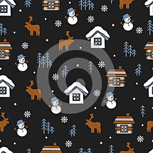 Midnight Snow Frosty Village Forest Pattern Art photo