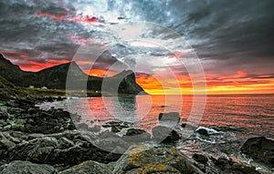 A midnight sun shot from Myrland in Flakstad island, Lofoten