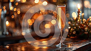 Midnight Toast: Celebrating with a Dark Festive Glass of Champagne on Bokeh Background