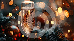 Midnight Toast: Celebrating with a Dark Festive Glass of Champagne on Bokeh Background