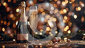 Midnight Toast: Celebrating with a Dark Festive Glass of Champagne and Bottle on Bokeh Background