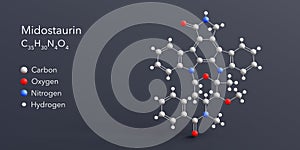 midostaurin molecule 3d rendering, flat molecular structure with chemical formula and atoms color coding photo