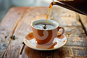 midpour shot of coffee into a cup with a saucer on a wooden table