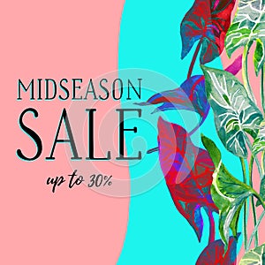 Midseason sale banner in trendy pastel blue and pink color with tropical leaves