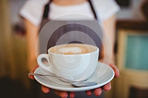 Midsection of barista serving coffee at cafeteria