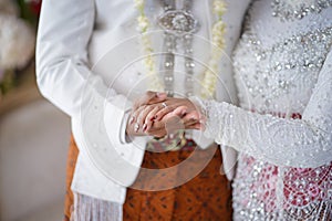 Midsection of bride and groom holding hands