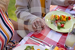 Midsection of caucasian mother and daughter holding hands praying at dining table