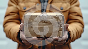 Midsection of a delivery person holding a package. AI Generated.