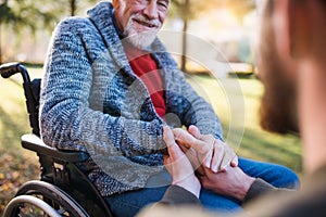 Midsection of senior father with wheelchair and his son in nature, holding hands.