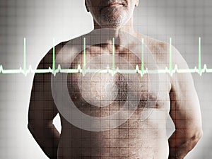 Midsection Of Shirtless Man And Heartbeat Graph