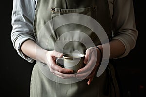 midsection shot of an apronwearing person holding a steaming cup