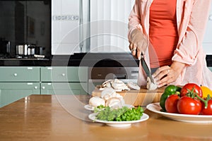 Midsection Of Woman Cutting Vegetables At Kitchen Counter photo