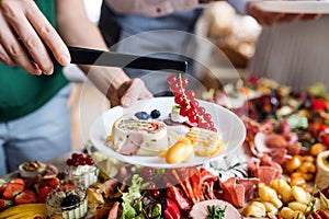 Midsection of a woman putting food on plate on a indoor family birthday party.