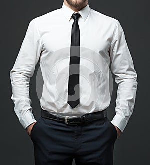 Midsection of young businessman in formal white shirt, black tie