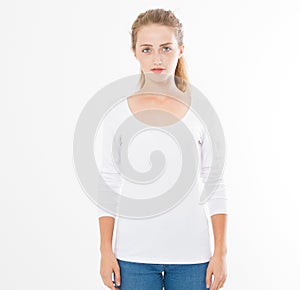 Midsection of young woman wearing blank tshirt on white background, girl in t-shirt mock up isolated