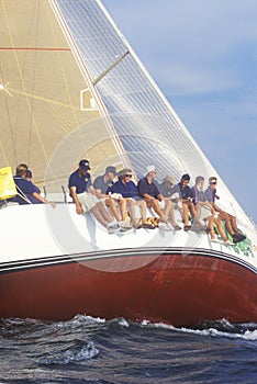 Midshipmen from the U.S. Naval Academy practice sailing skills in Chesapeake Bay, near Annapolis, Maryland