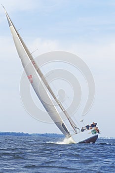 Midshipmen from the U.S. Naval Academy practice sailing skills in Chesapeake Bay, near Annapolis, Maryland