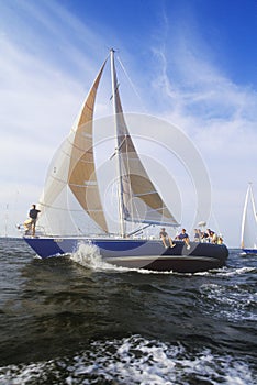 Midshipmen from the U.S. Naval Academy practice sailing skills in Chesapeake Bay, near Annapolis, Maryland