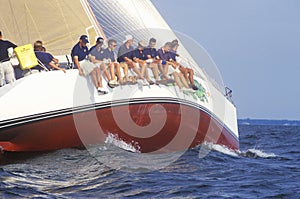 Midshipmen from the U.S. Naval Academy practice sailing skills in Chesapeake Bay, near Annapolis, Maryland