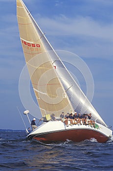 Midshipmen from the U.S. Naval Academy practice sailing skills in Chesapeake Bay, near Annapolis, Maryland