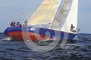 Midshipmen from the U.S. Naval Academy practice sailing skills in Chesapeake Bay, near Annapolis, Maryland