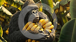 In the midst of the banana grove a mive gorillalike giant cuddles a bunch of bananas like a teddy bear photo