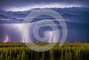 In the midst of the countryside, a dramatic lightning storm unleashes its fury, illuminating the night sky with jagged photo