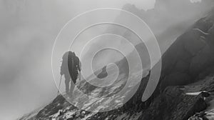 In the midst of a dense fog a lone hiker can be seen trudging up a steep and winding mountain path. Despite the