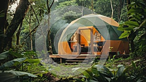 In the midst of a dense forest a charming geodesic dome offers a peaceful sanctuary for weary travelers seeking a