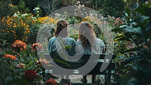 In the midst of the garden two individuals sit on a bench backs to the camera as they engage in deep conversation
