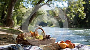 In the midst of a lazy afternoon by the river a picnic basket is packed with fresh fruits gourmet cheeses and artis