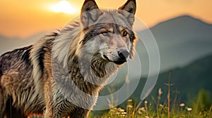 In the midst of mountains and a setting sun, a wolf stands tall in green grass