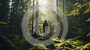 In the midst of a peaceful forest a person stands with back to the camera surrounded by towering trees and dappled